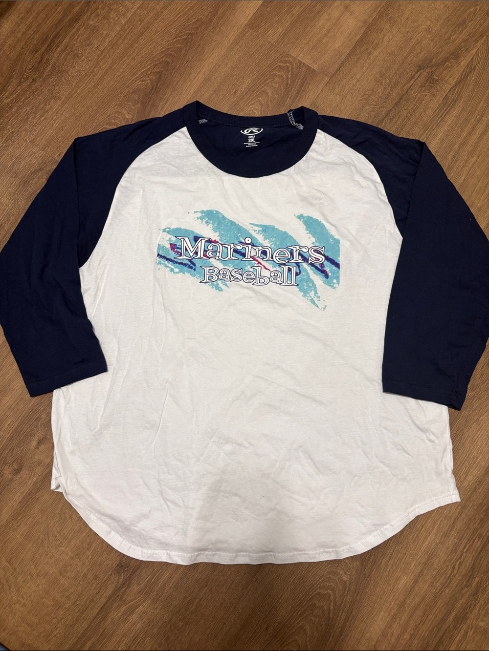 Mariners Baseball Raglan Tee - White and Navy 90s Jazz Paper Cup Design Size 2XL